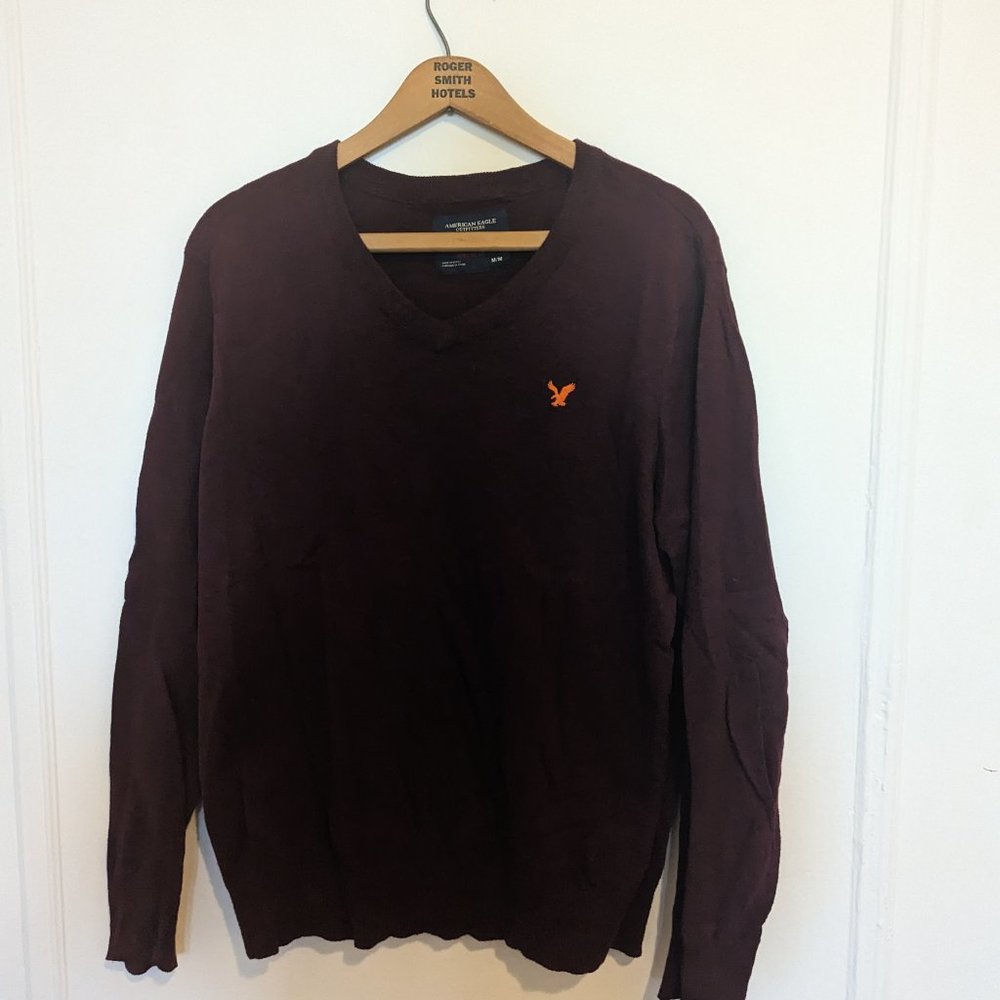 Vintage Maroon American Eagle Long Sleeved V-Neck Sweater - Men's Medium